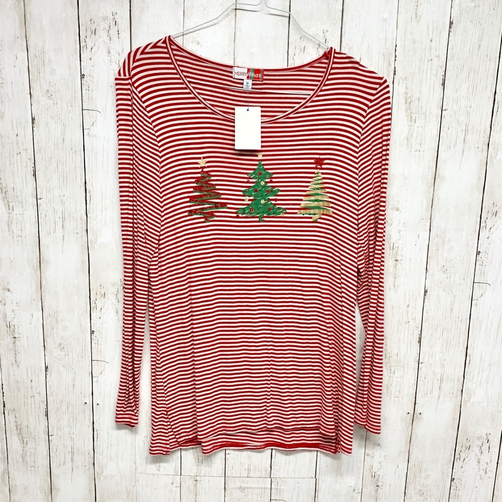 Merry Wear Christmas Tree Striped Top Womens Size M Red White Sequin Long Sleeve